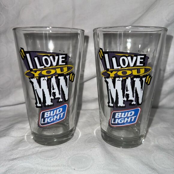 Set of 2 VTG 1990’s Bud Light “I love you man” 16oz Libbey Pint glass MAN CAVE - Picture 1 of 4